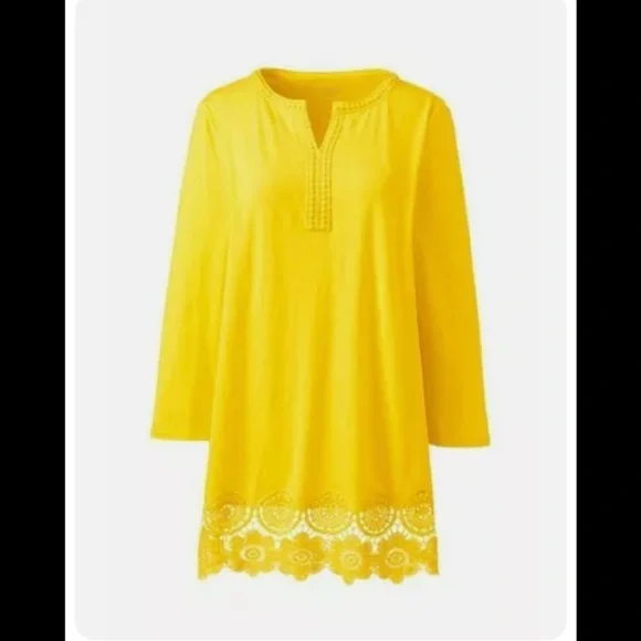 Lands' End Women's 3/4 Sleeve Crochet Hem Tunic Vibrant Sun - Picture 1 of 4